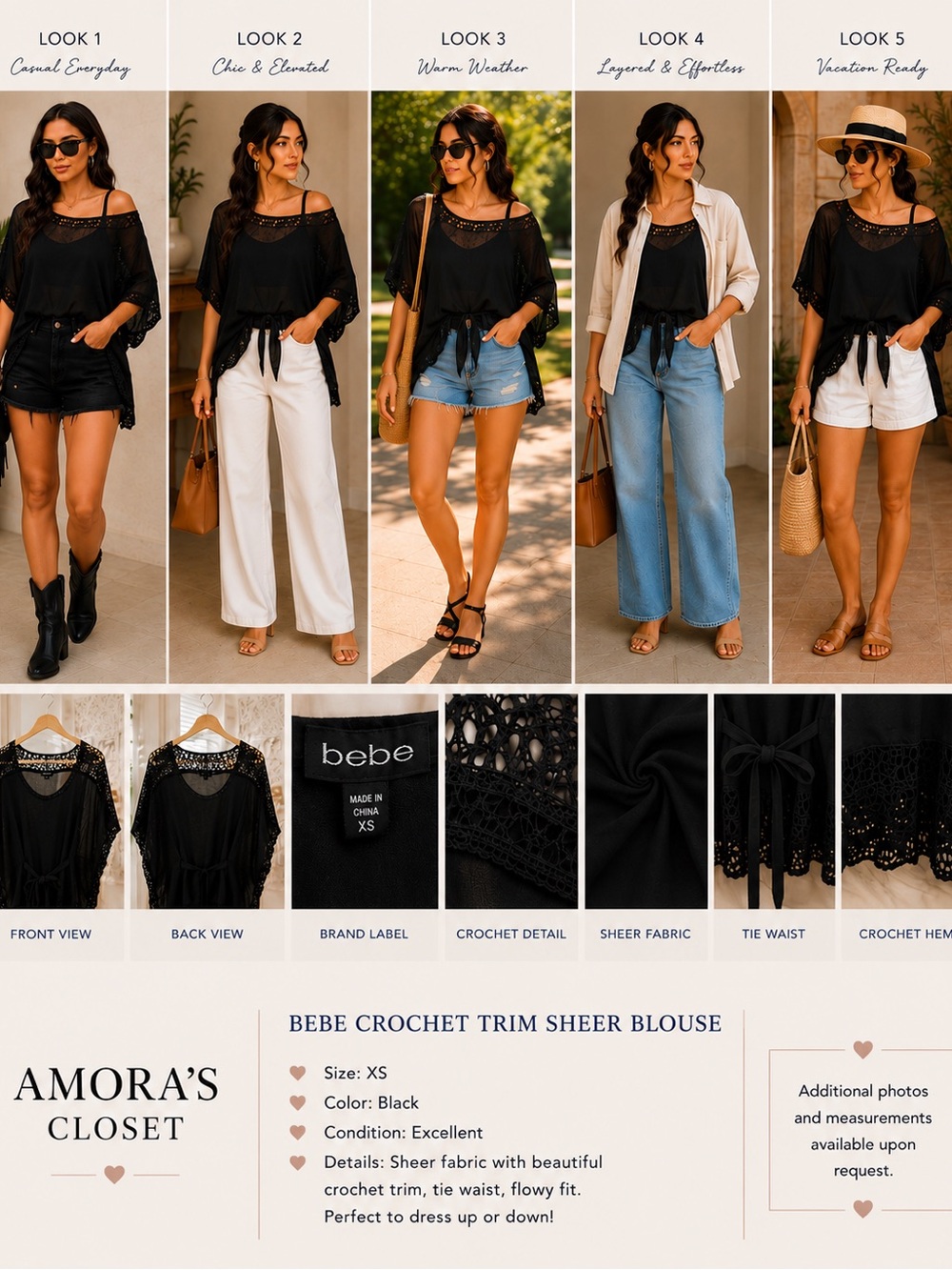 bebe Black Crochet-Trim Sheer Tie-Waist Blouse